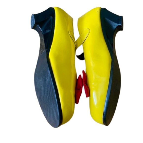 Disney Minnie Mouse Bright Yellow Mary Jane Shoes Kitten Heel Red Bows Size 8 - Picture 6 of 8